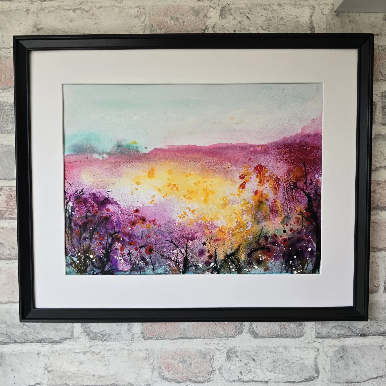 Abstract Wildflowers Meadow Landscape Watercolour/ink Painting Framed
