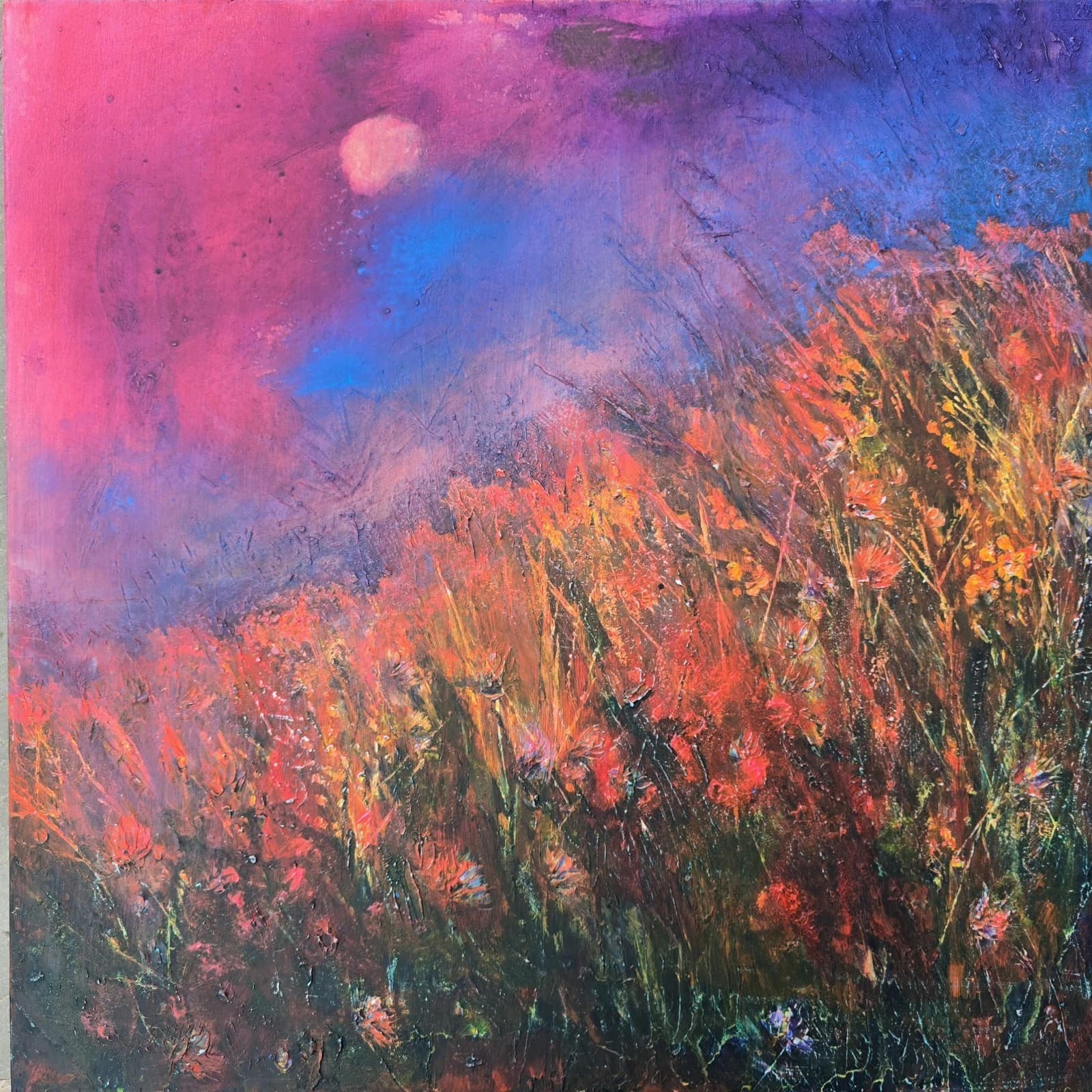 Acrylic Ink Floral Meadow Moody Landscape Moonlit Textured Striking