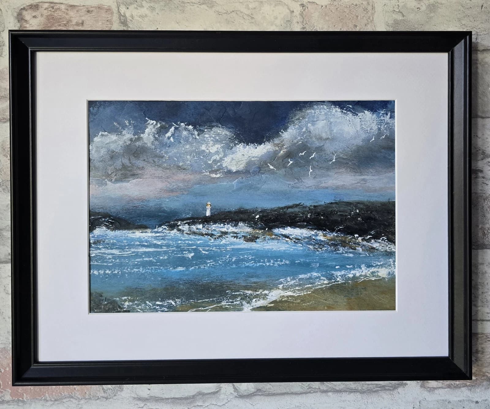 Acrylic Painting Coastal Landscape Lighthouse Seagulls Framed