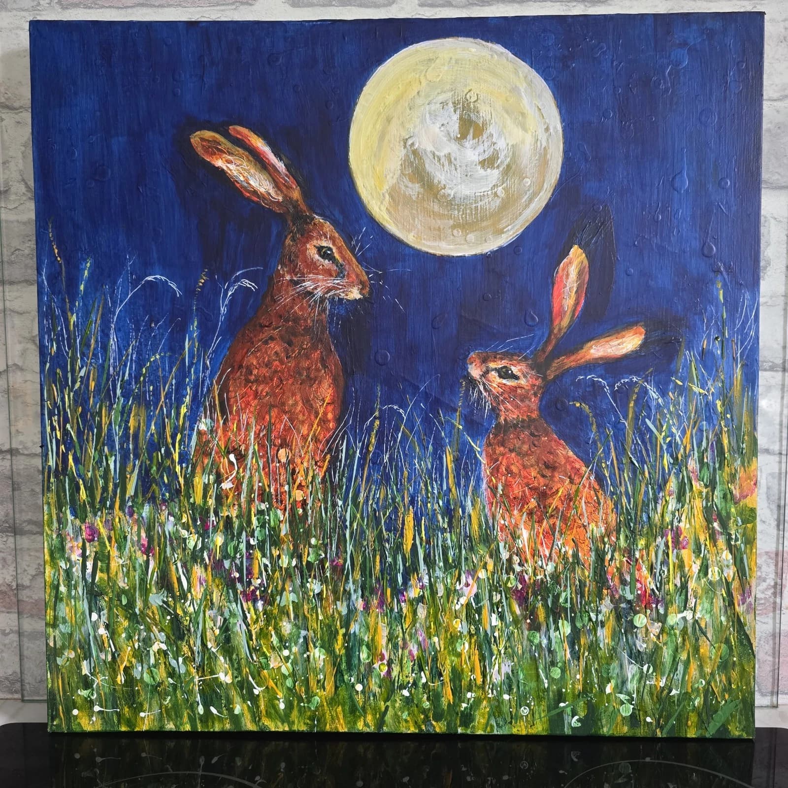Acrylic Painting Hares Moon Meadow Wildlife Art