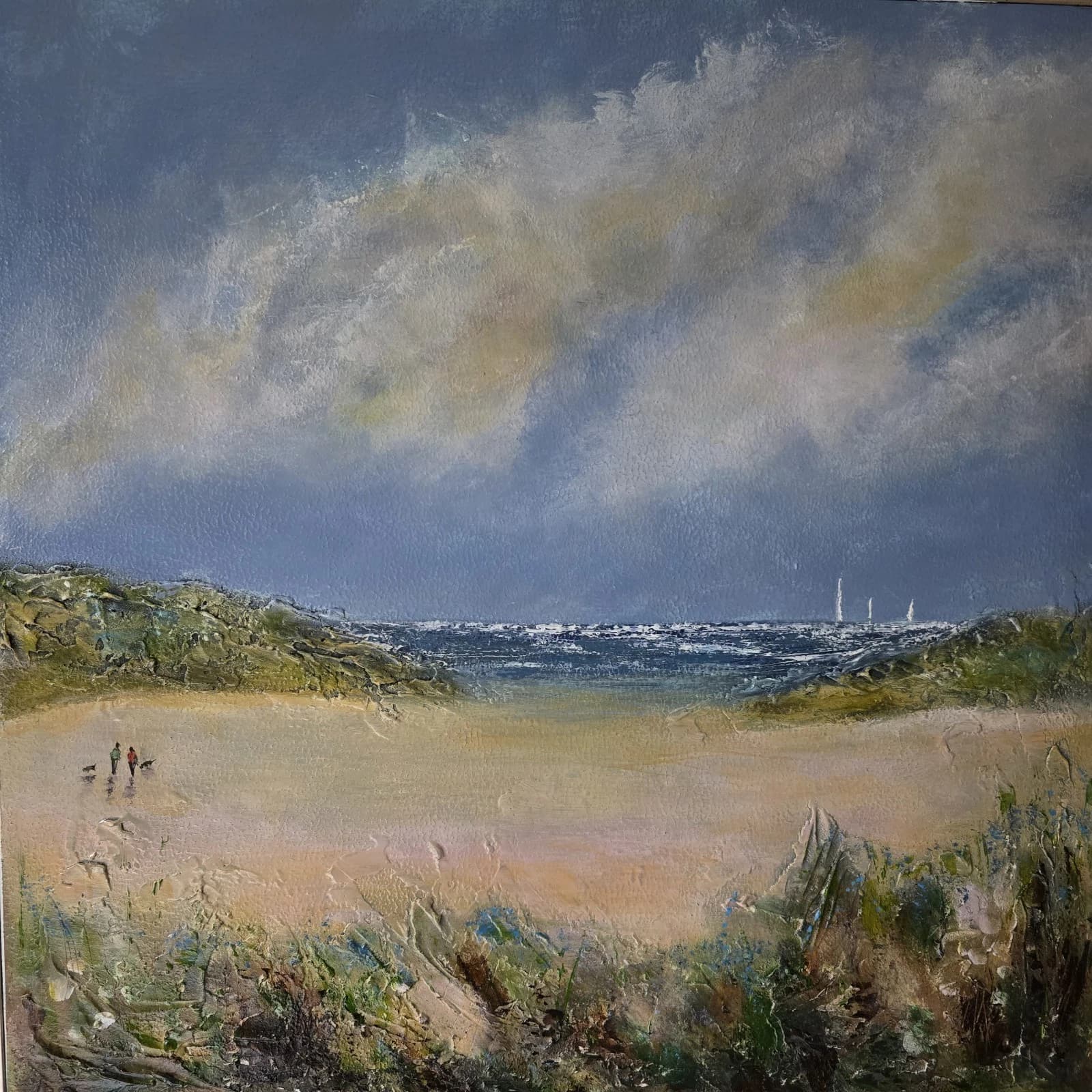 Acrylic Painting Large Sunny Coastal Landscape Boats Sailing Framed