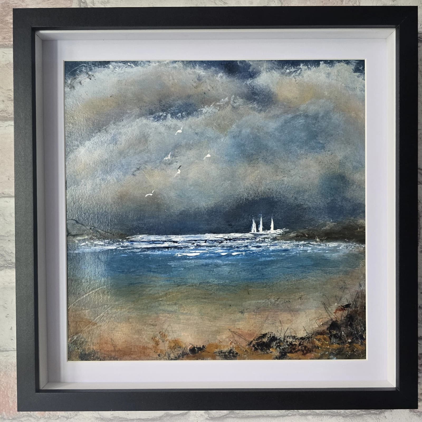 Acrylic Painting Stormy Coastal Landscape Boats Sailing Dusk Framed