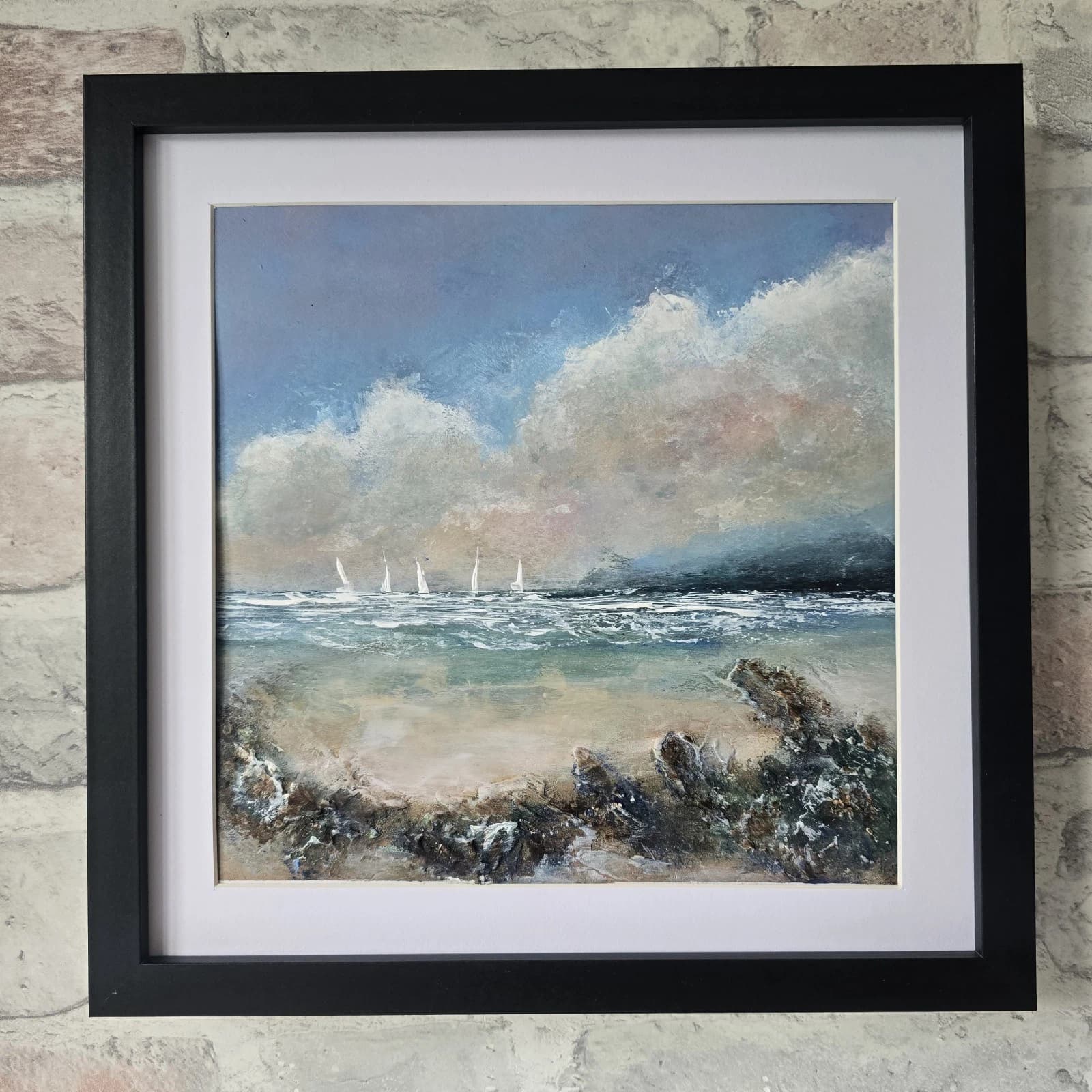 Acrylic Painting Summer Coastal Landscape Boats Sailing Framed