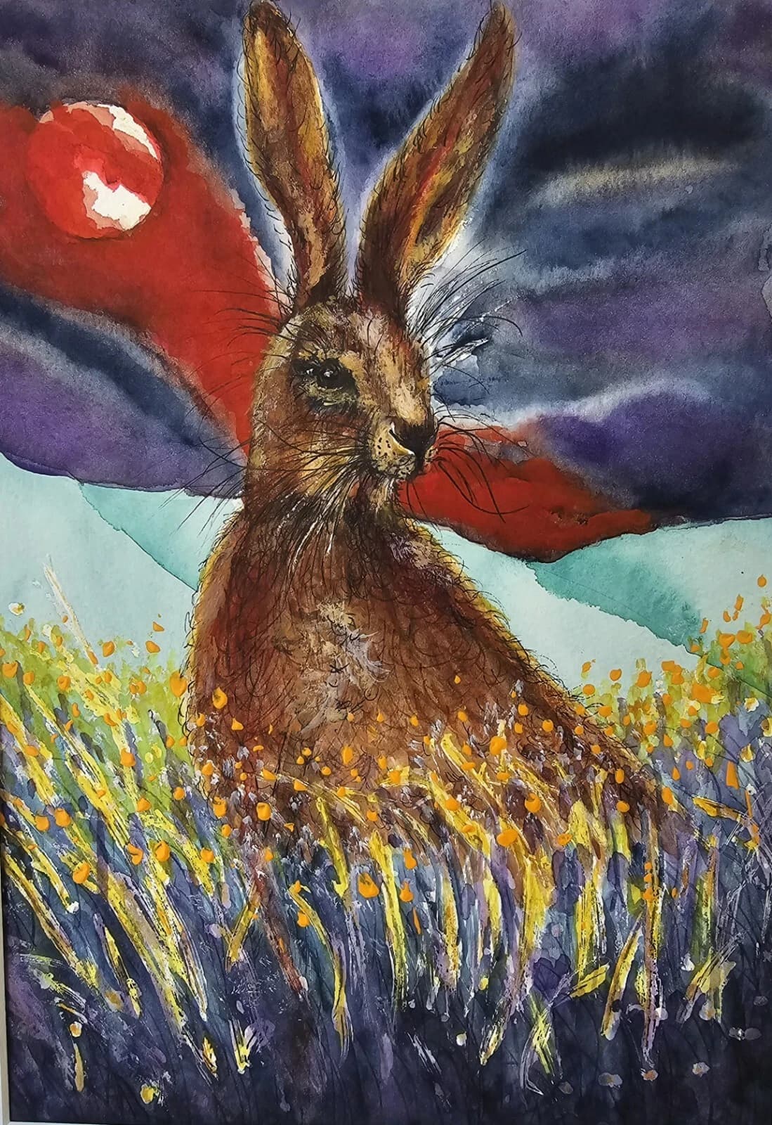 Colourful Watercolour Painting Hare Moon Night Sky Quirky Gift Framed