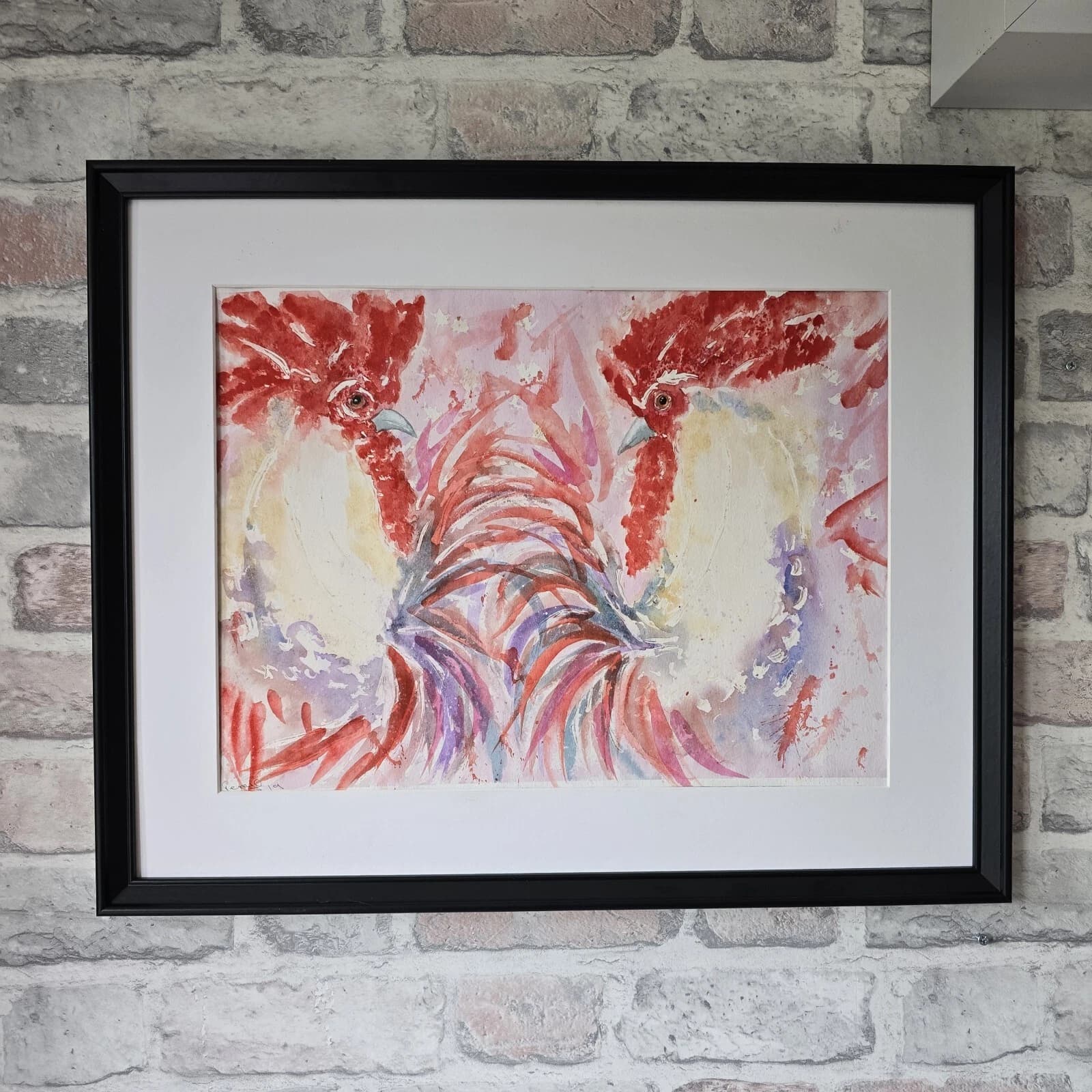 Contemporary Watercolour Painting 2 Cockeresl Chickens Roosters Framed