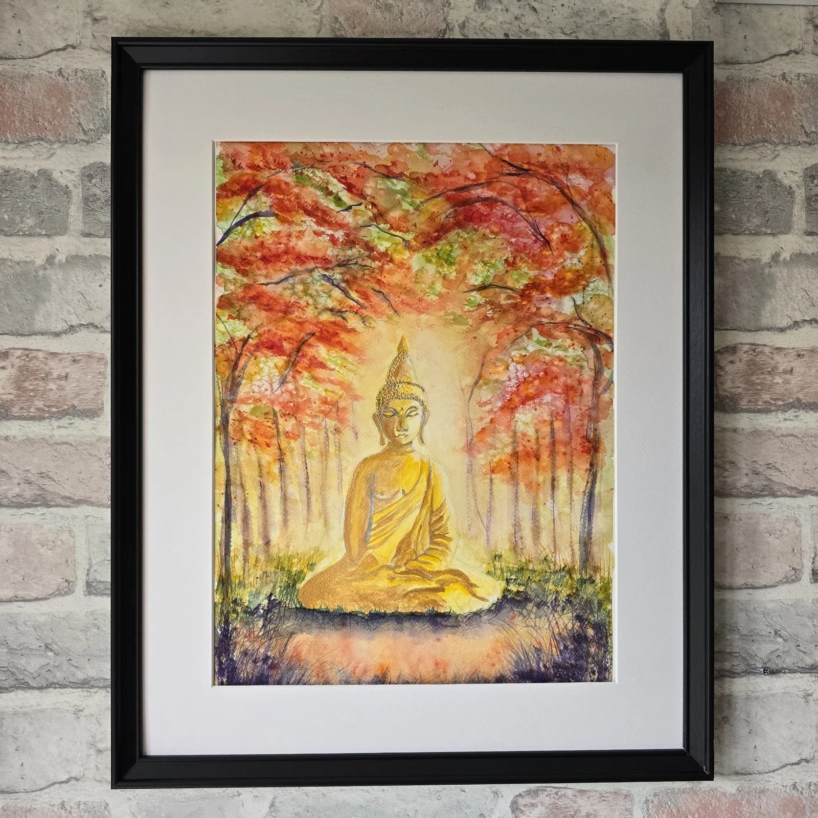 Contemporary Watercolour Painting Buddha Trees Framed