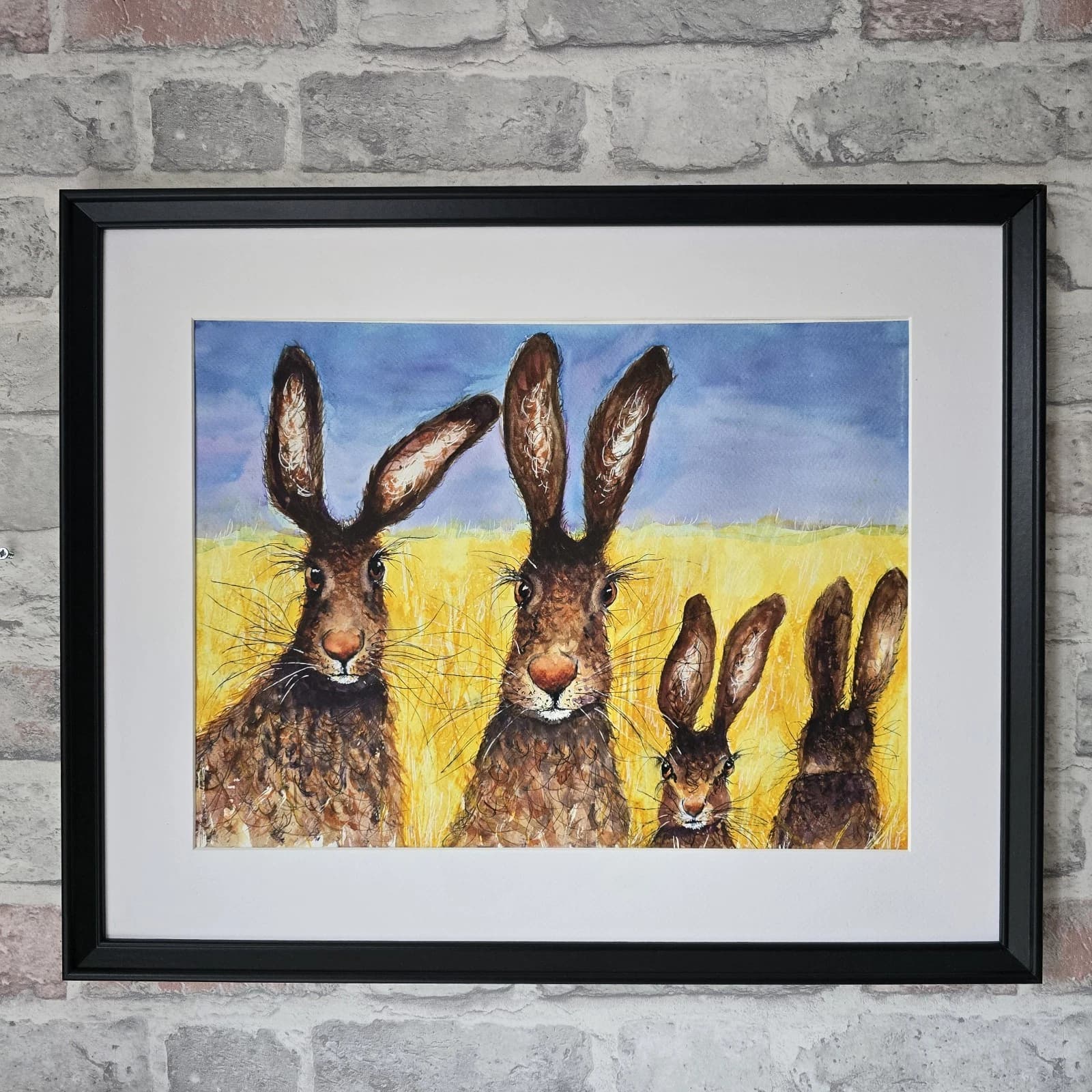 Contemporary Watercolour Painting Hares Portrait Meadow Framed