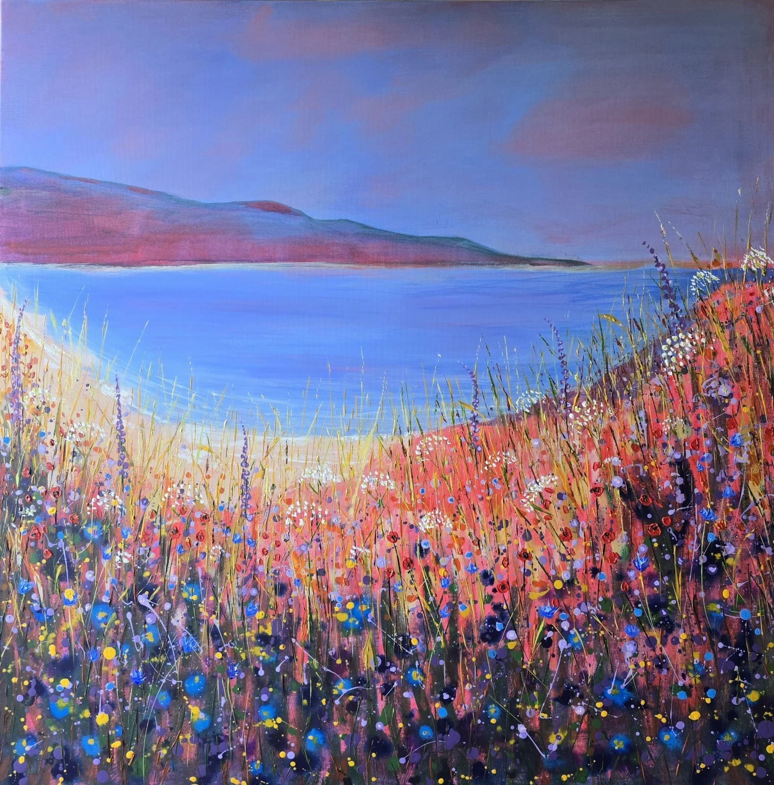 Extra Large 1m X 1m Landscape Coastal Cove Floral Acrylic Painting