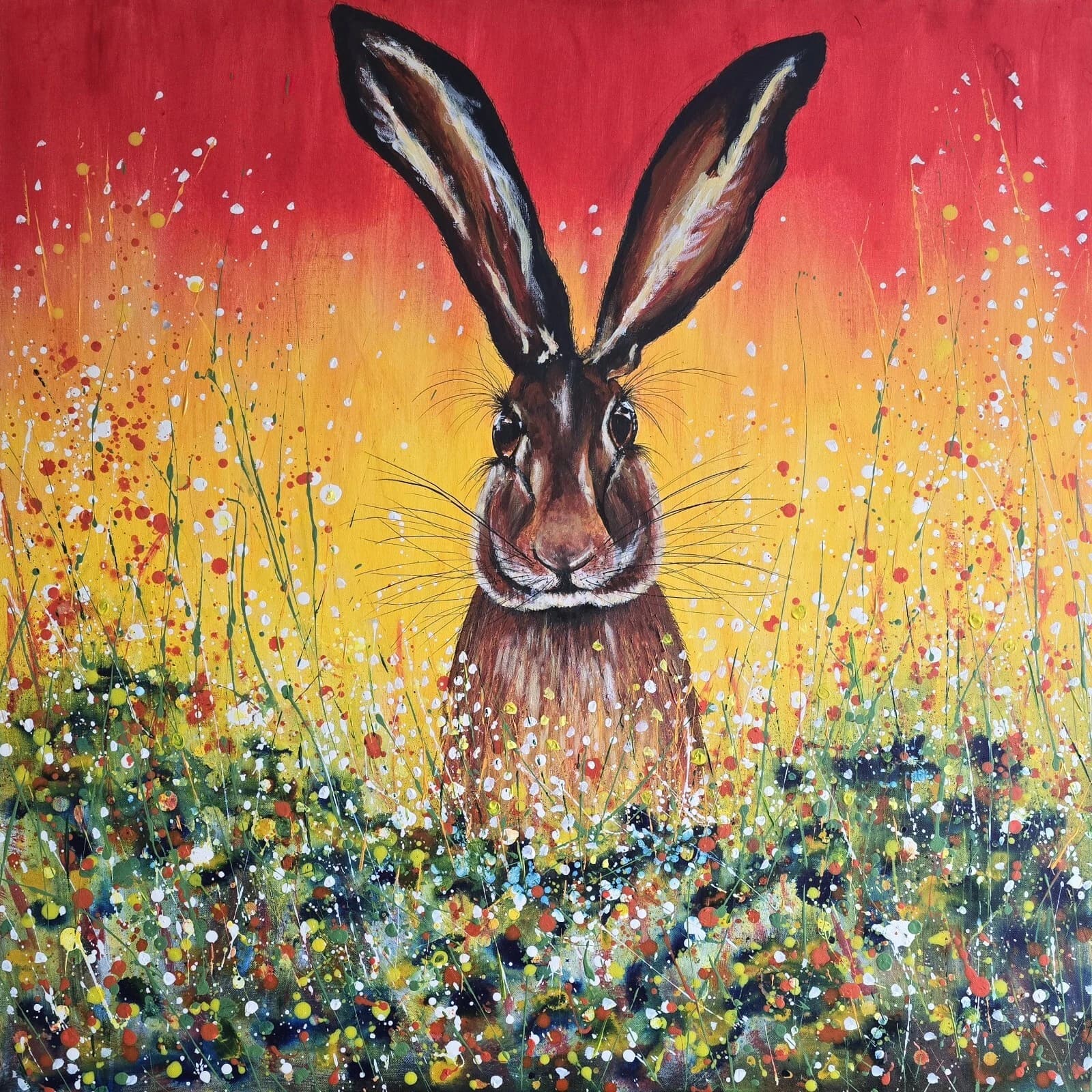 Hare in Flowers Large 1mx1m Acrylic Painting Easter Spring Gift