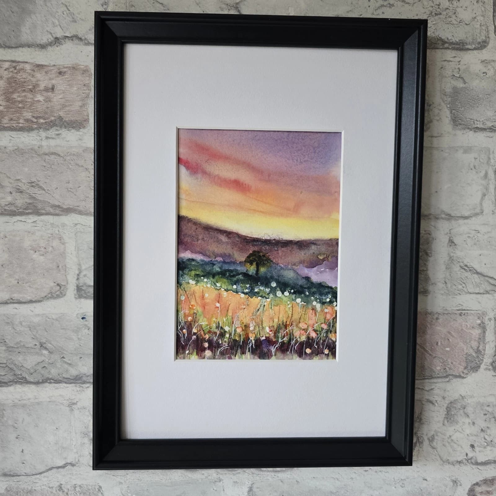 Landscape Hills Sunset Wildflowers Tree Watercolour Painting Framed
