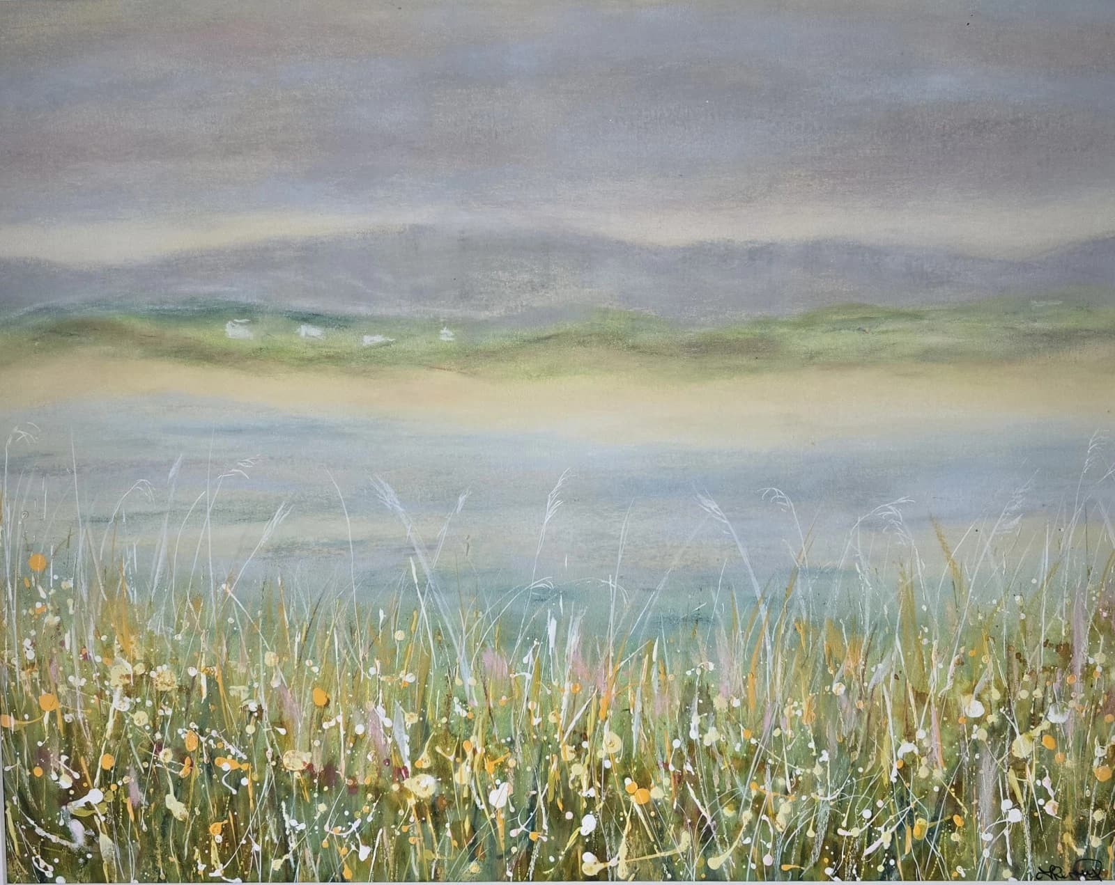 Large Pastel Coastal Menai Straits Estuary Painting Framed Dunes