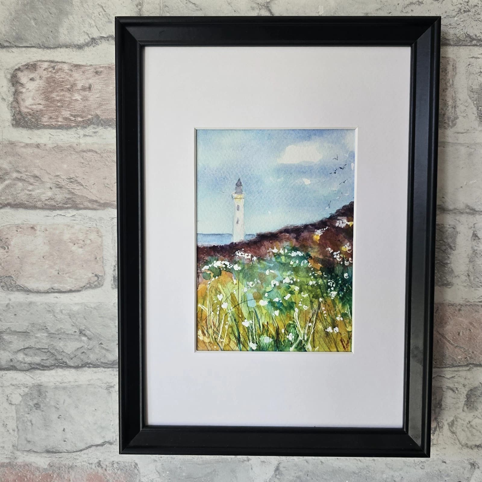 Small Coastal Floral Landscape Watercolour Painting Lighthouse Framed