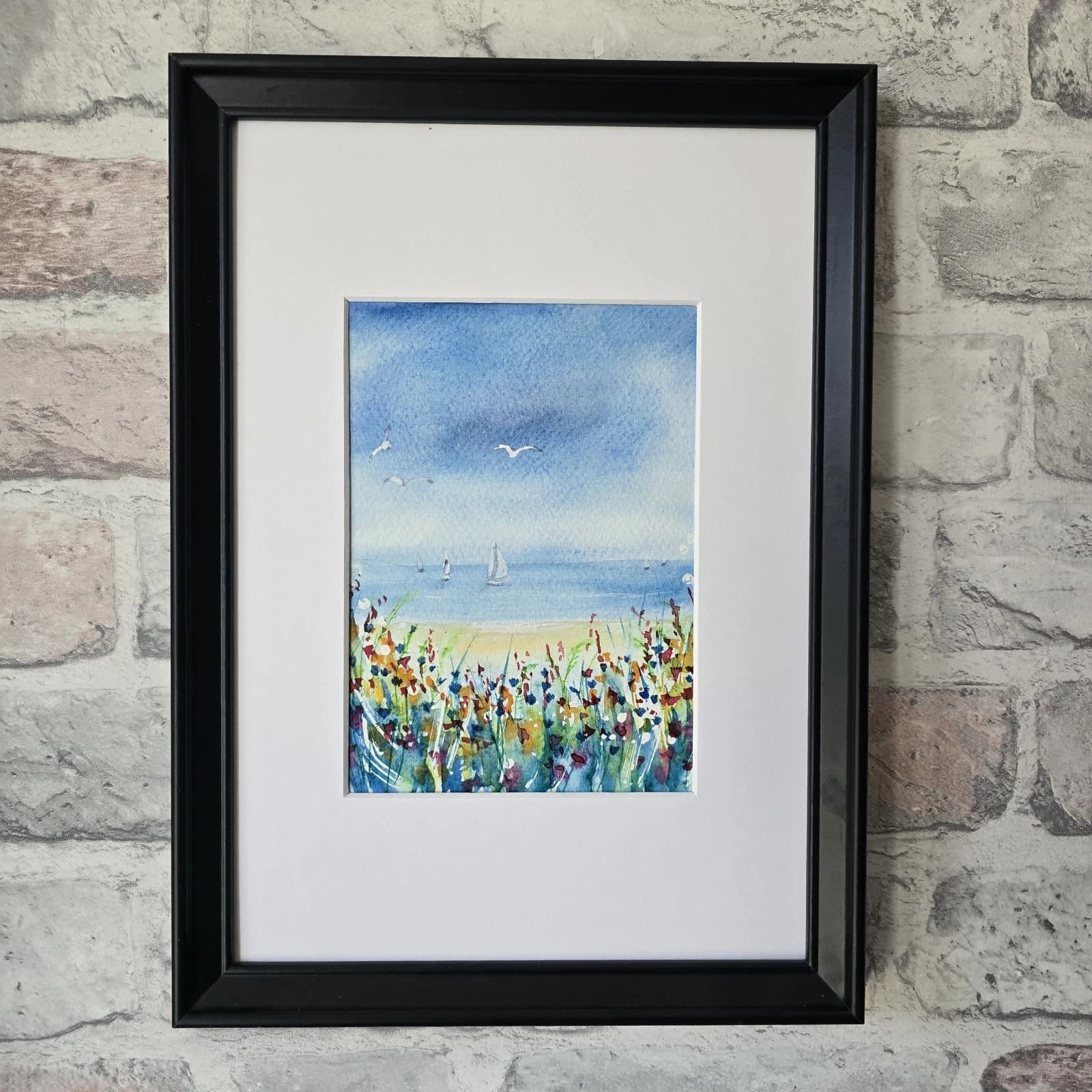 Small Coastal Floral Sunny Landscape Watercolour Painting Boats Framed