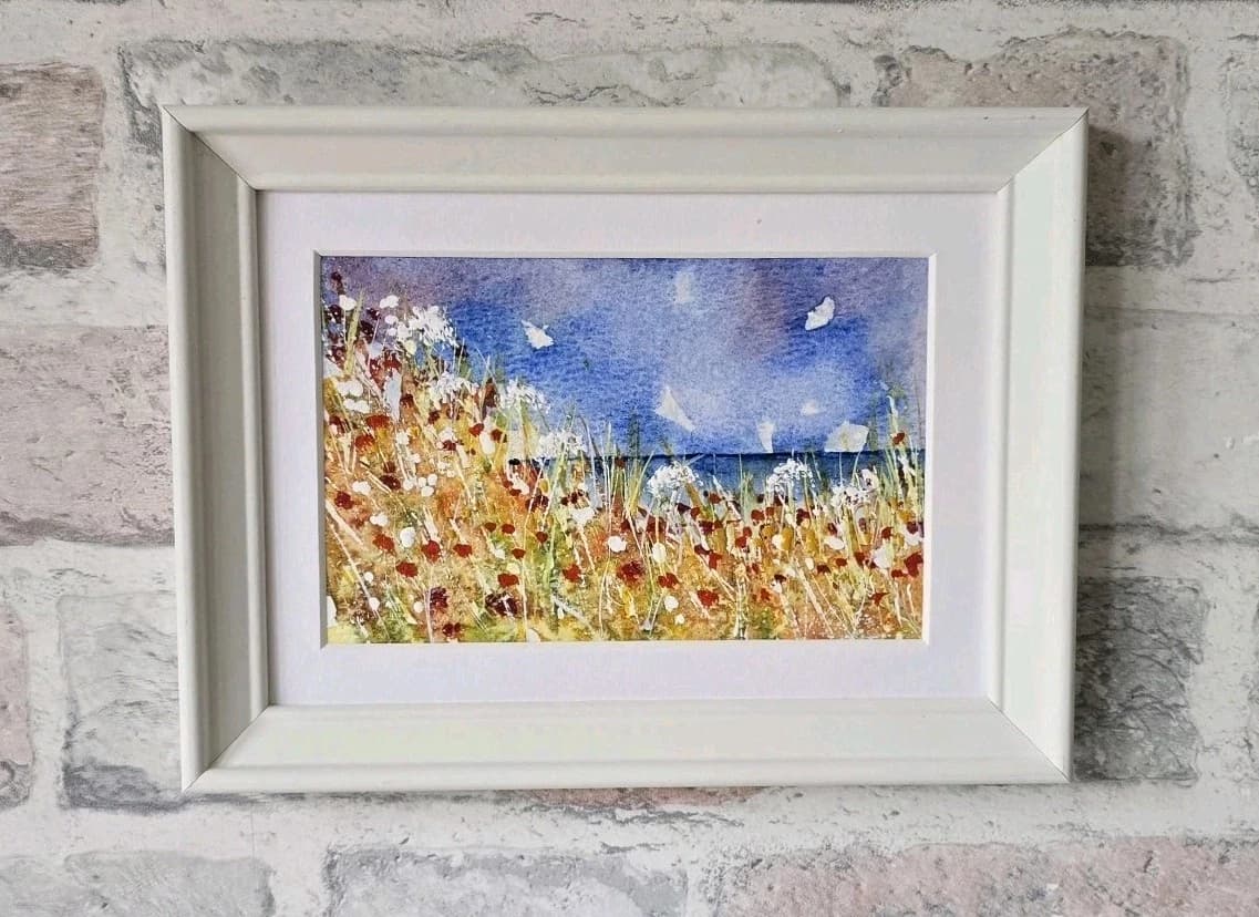 Small Coastal Floral Sunny Landscape Watercolour Painting Framed
