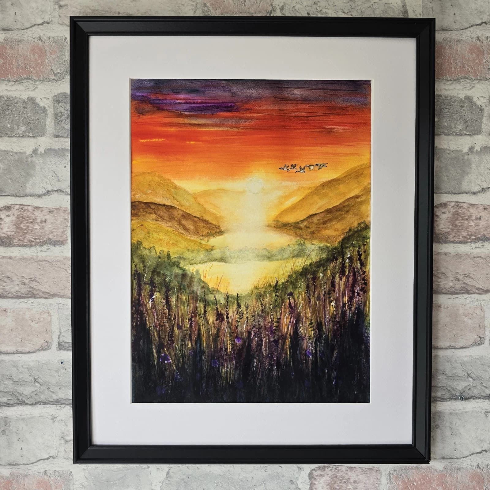 Sunset Highland Landscape Watercolour Painting Birds Framed