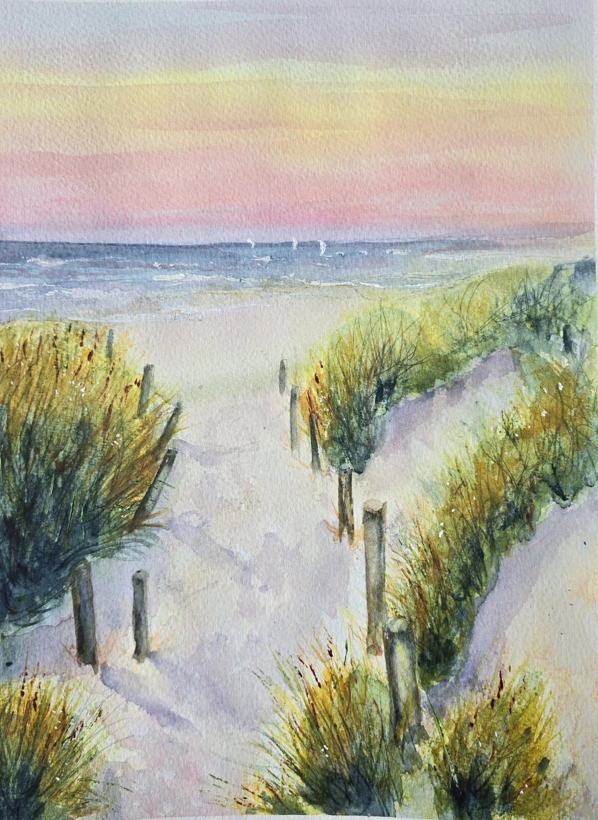 Watercolour Coastal Sunset Painting Framed Sand Dunes Gift