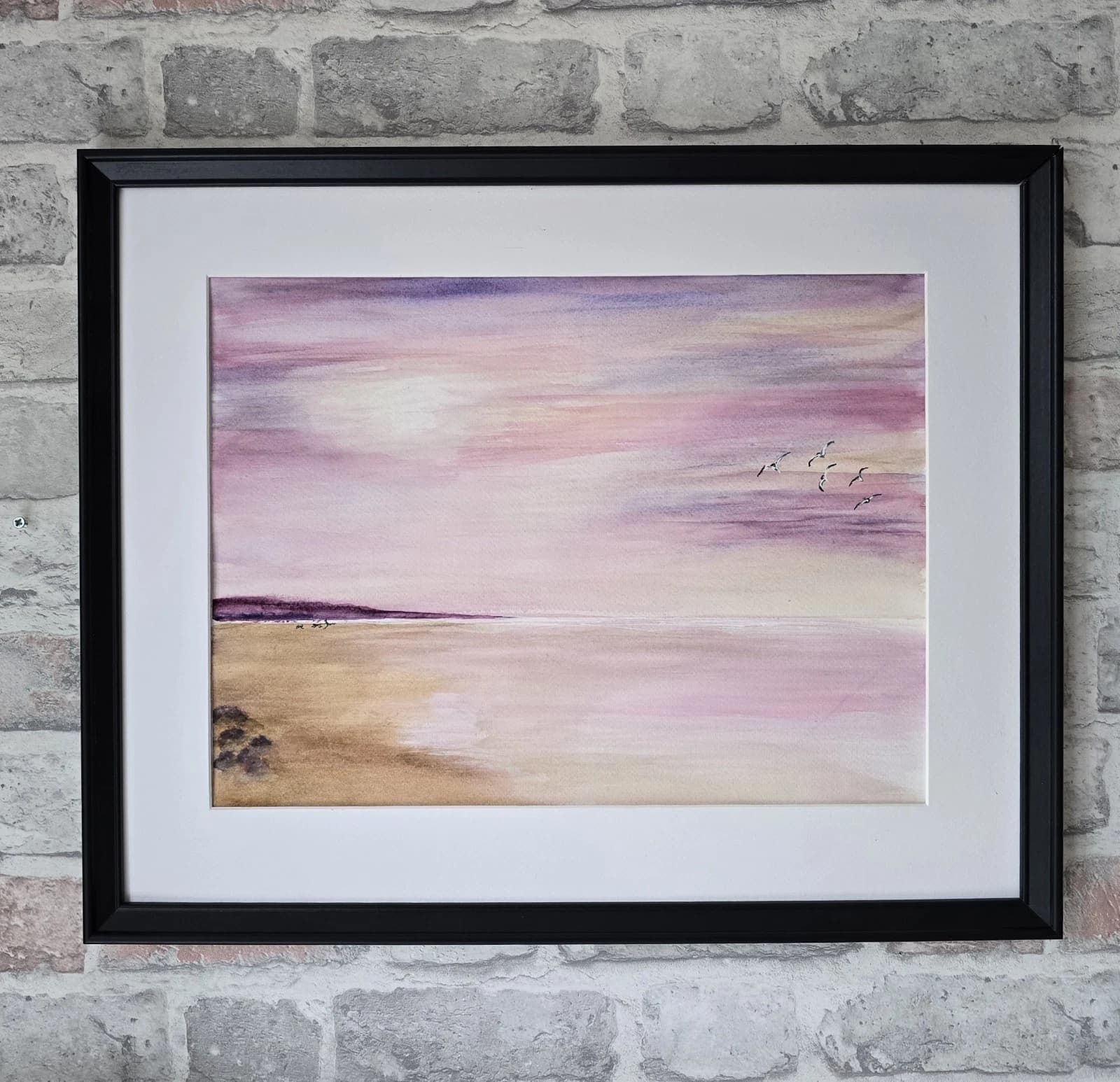 Watercolour Coastal Sunset Painting Framed Soft Shades Pink Gift