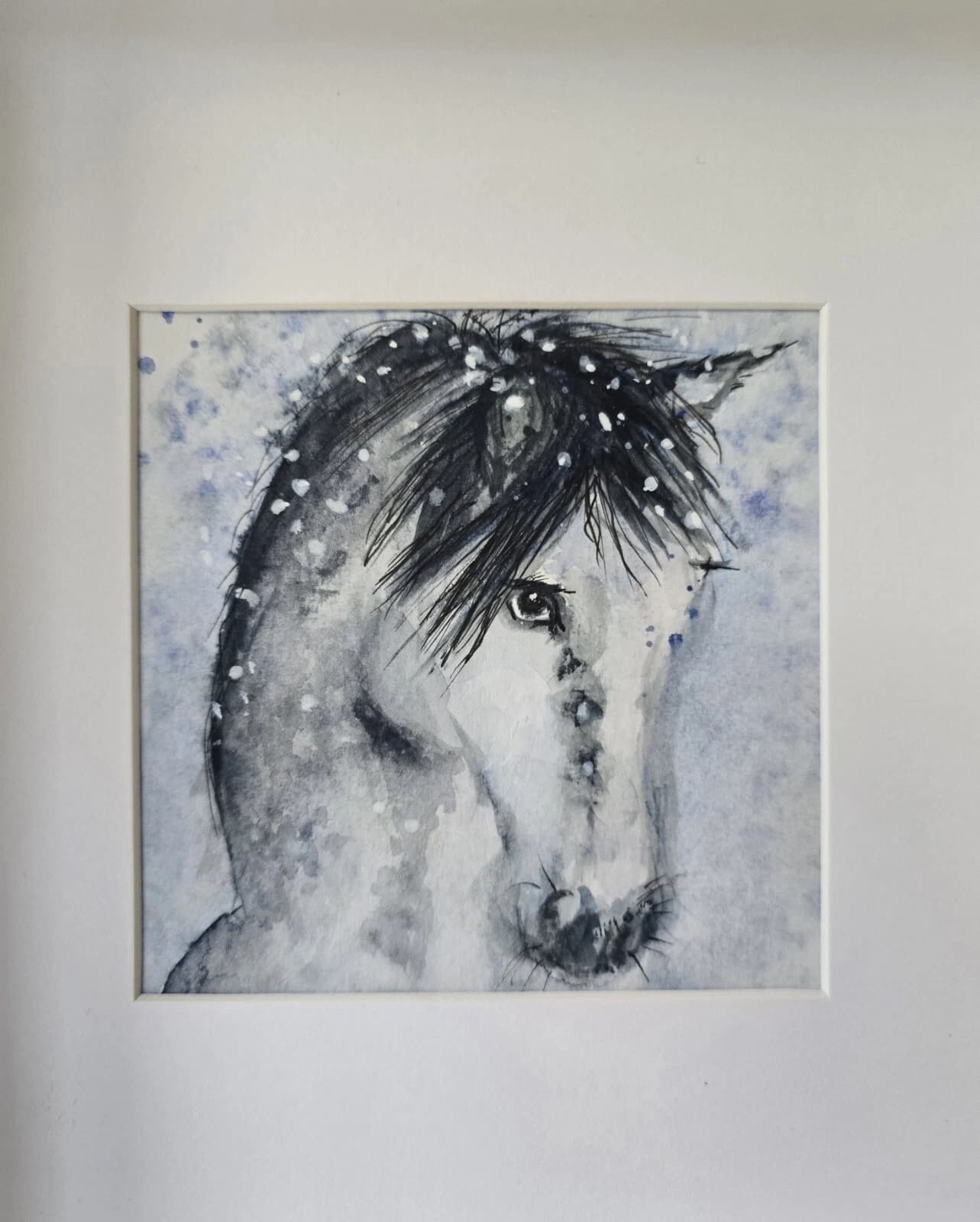 Watercolour Painting Grey White Pony Horse Head Snow Box-Frame