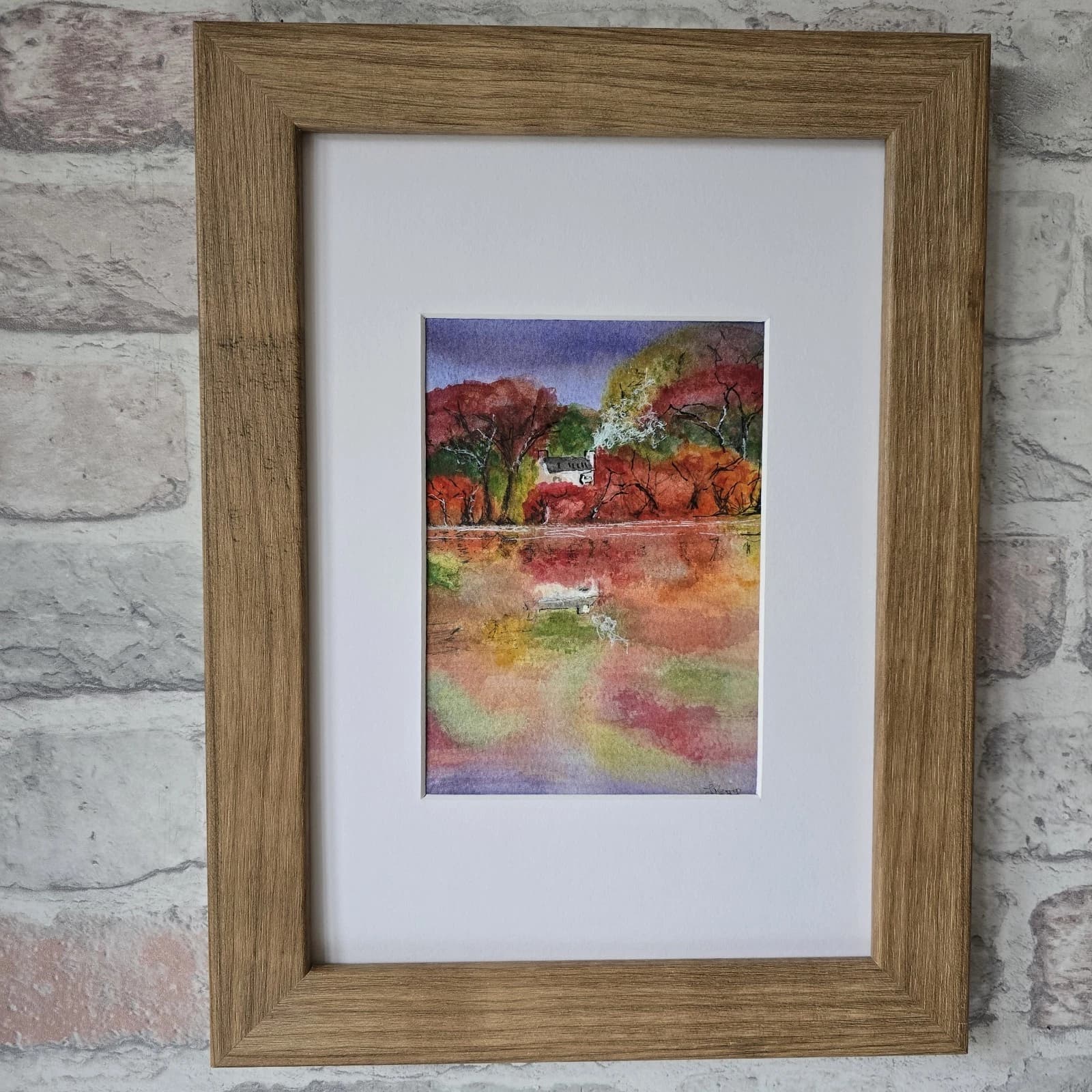 Watercolour Painting Landscape Trees Cottage Lake River Reflections Art