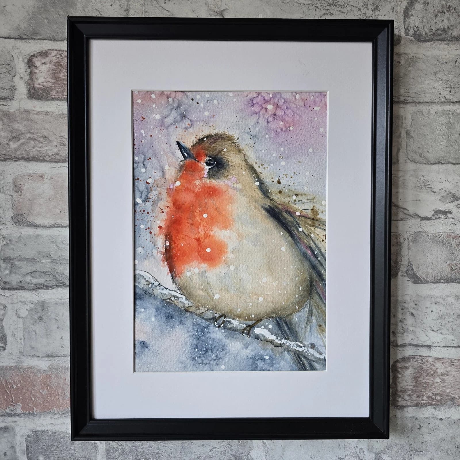 Watercolour Painting Robin Bird Wildlife Art Snow Framed