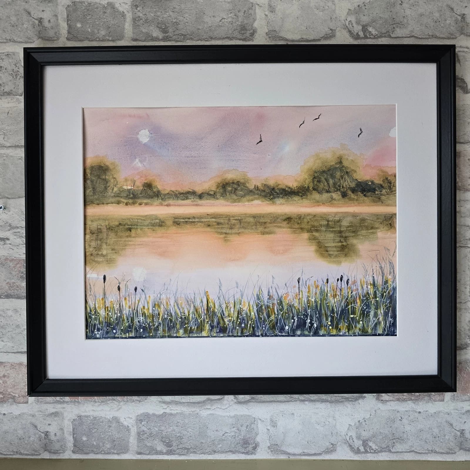 Watercolour Painting Warm Sunset Landscape Lake River Framed