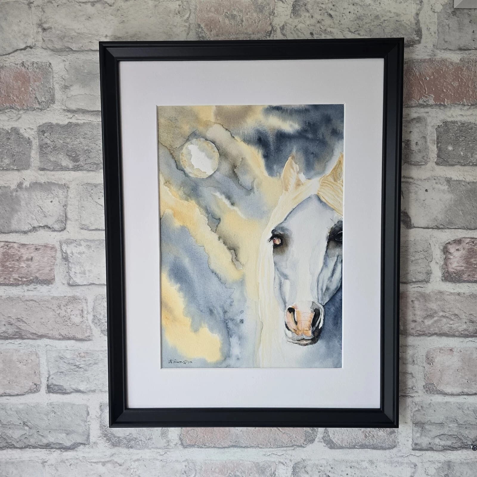 Watercolour Painting White Horse Pony Head Moonlight