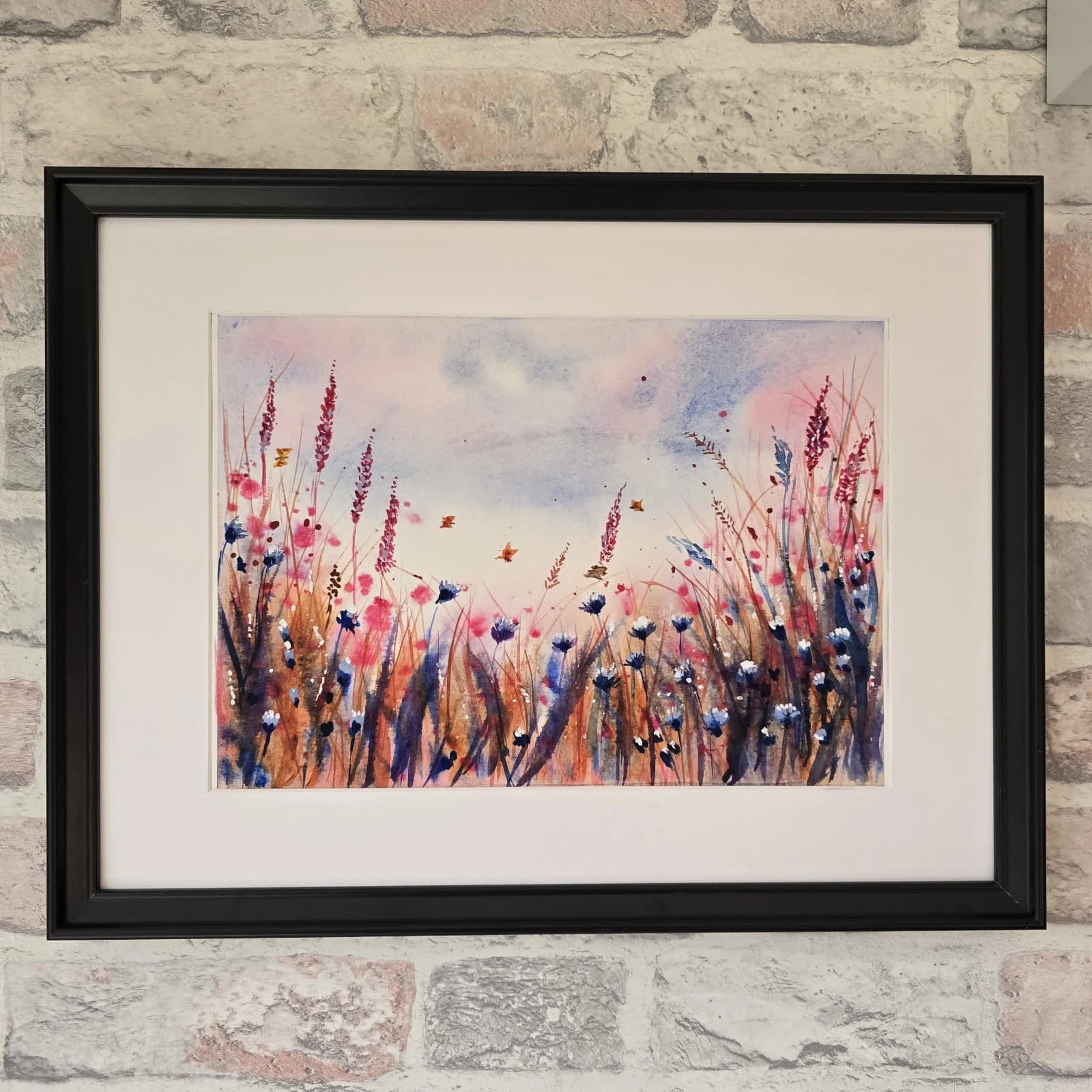 Watercolour Painting Wild Flowers Cornflowers Butterflies Framed