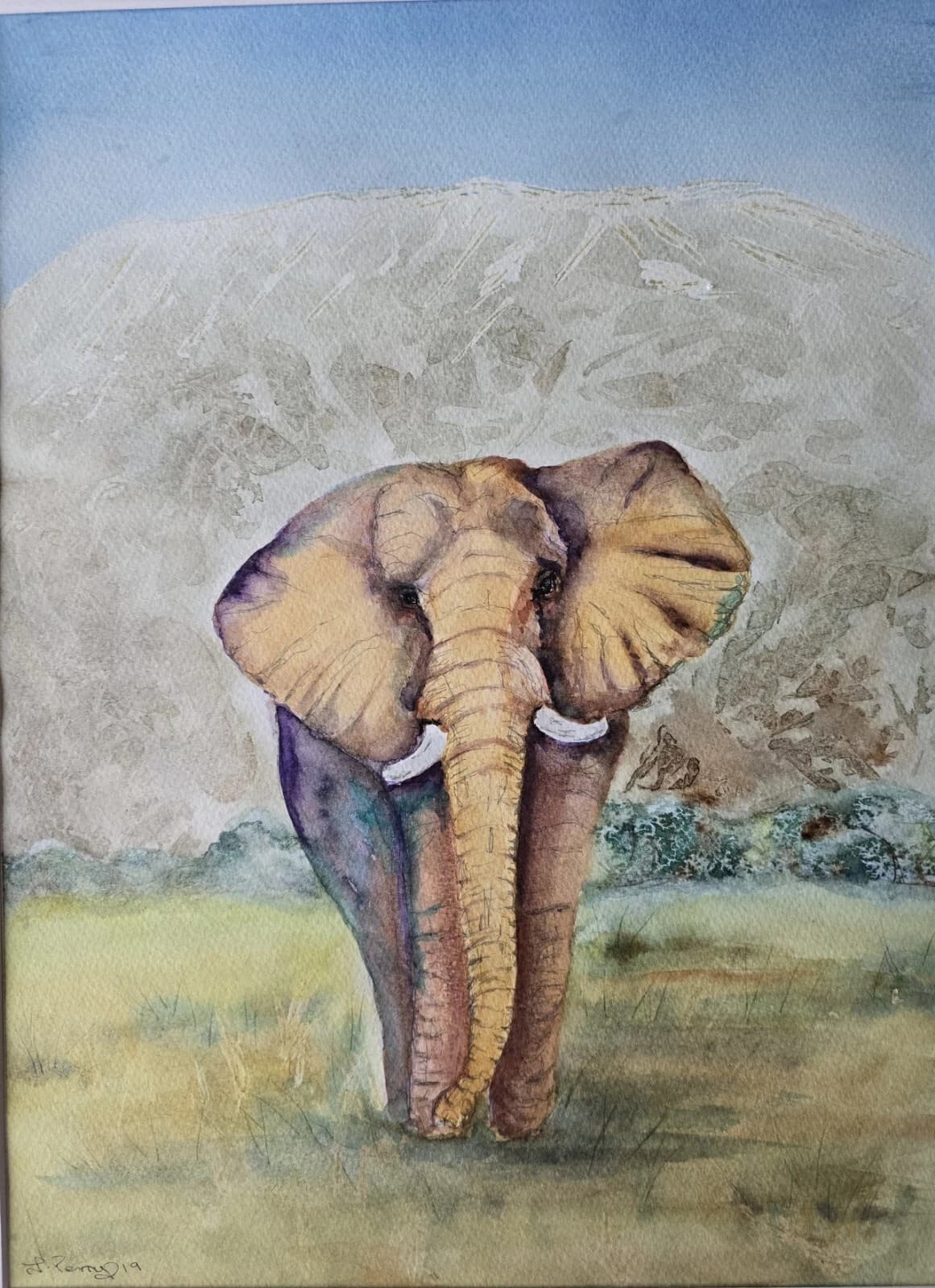 Young African Bull Elephant Watercolour Painting Framed Mt Kilimanjaro